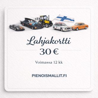 Lahjakortti 30 e pienoismalli.fi-verkkokauppaan on mieluinen lahja pienoismallien ystävälle, keräilijälle ja autoharrastajalle.